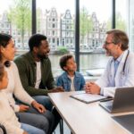 A family doctor consulting with a family in a bright clinic with windows showing Amsterdam canals and houses.