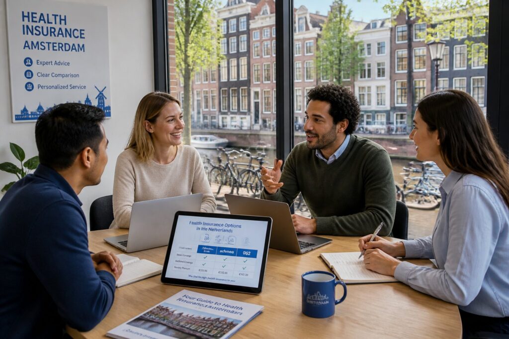 A group of professionals discussing health insurance documents around a table with a view of Amsterdam canal houses through large windows.