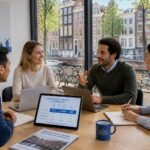 A group of professionals discussing health insurance documents around a table with a view of Amsterdam canal houses through large windows.