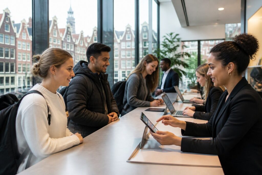 People registering at a modern office reception with Amsterdam-style buildings visible through the windows.