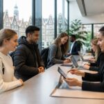 People registering at a modern office reception with Amsterdam-style buildings visible through the windows.