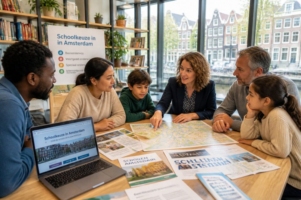 Parents and children gathered around a table with maps and educational materials, discussing school options in a bright room with large windows.