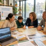 Parents and children gathered around a table with maps and educational materials, discussing school options in a bright room with large windows.