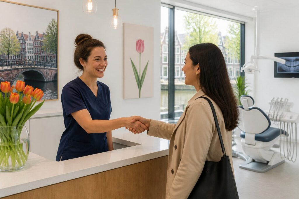 A dentist warmly greeting a patient in a bright, modern dental clinic with dental equipment and plants in the background.