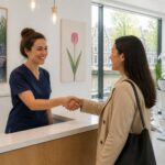 A dentist warmly greeting a patient in a bright, modern dental clinic with dental equipment and plants in the background.