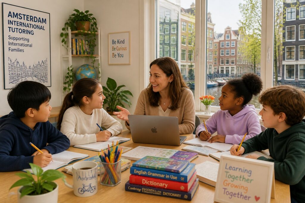 A tutor teaching a diverse group of children at a table inside a bright room with windows showing Amsterdam canal houses.