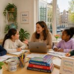 A tutor teaching a diverse group of children at a table inside a bright room with windows showing Amsterdam canal houses.