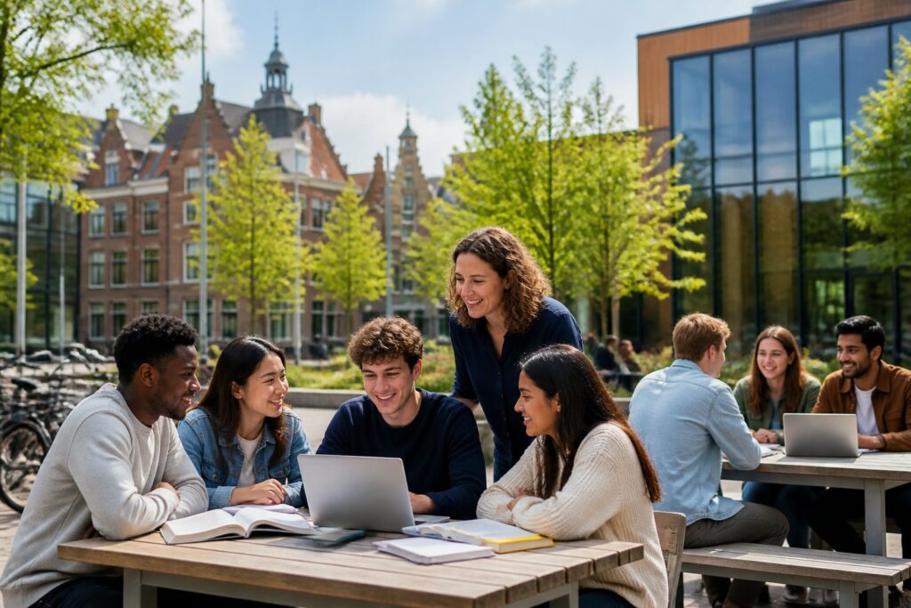 A group of diverse students and teachers interacting outdoors at a modern school campus with bicycles and greenery in the background.