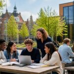 A group of diverse students and teachers interacting outdoors at a modern school campus with bicycles and greenery in the background.