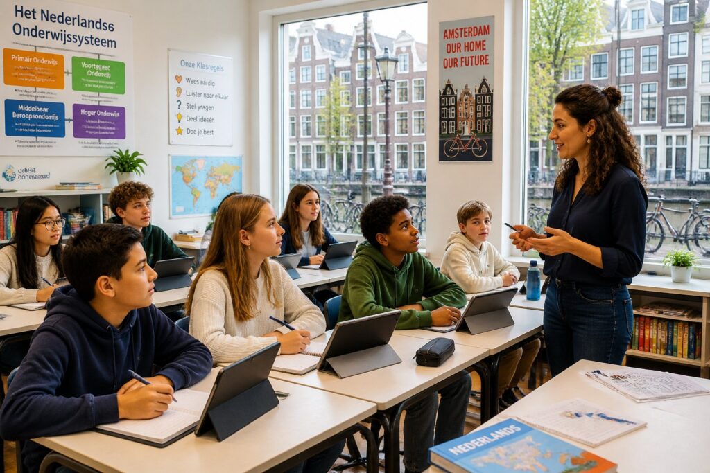 A classroom in Amsterdam with students and a teacher near a window showing canal houses and bicycles outside.