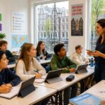 A classroom in Amsterdam with students and a teacher near a window showing canal houses and bicycles outside.