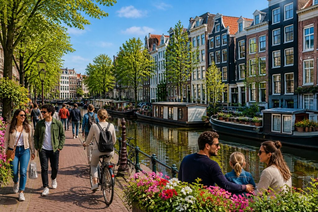 A sunny Amsterdam canal with colorful narrow houses, people walking and cycling along the water, and trees lining the street.