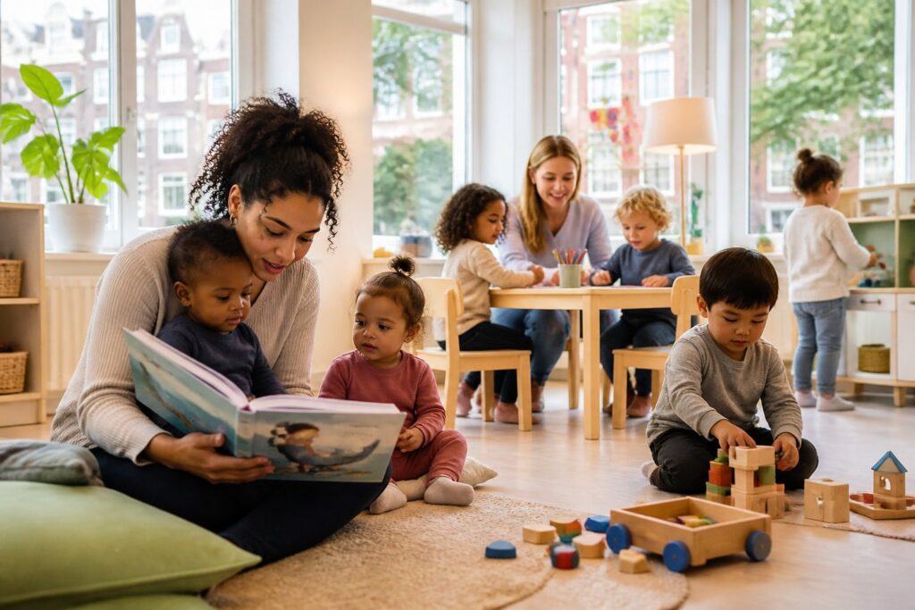 Children playing and learning with caregivers in a bright, modern daycare center.