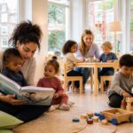 Children playing and learning with caregivers in a bright, modern daycare center.