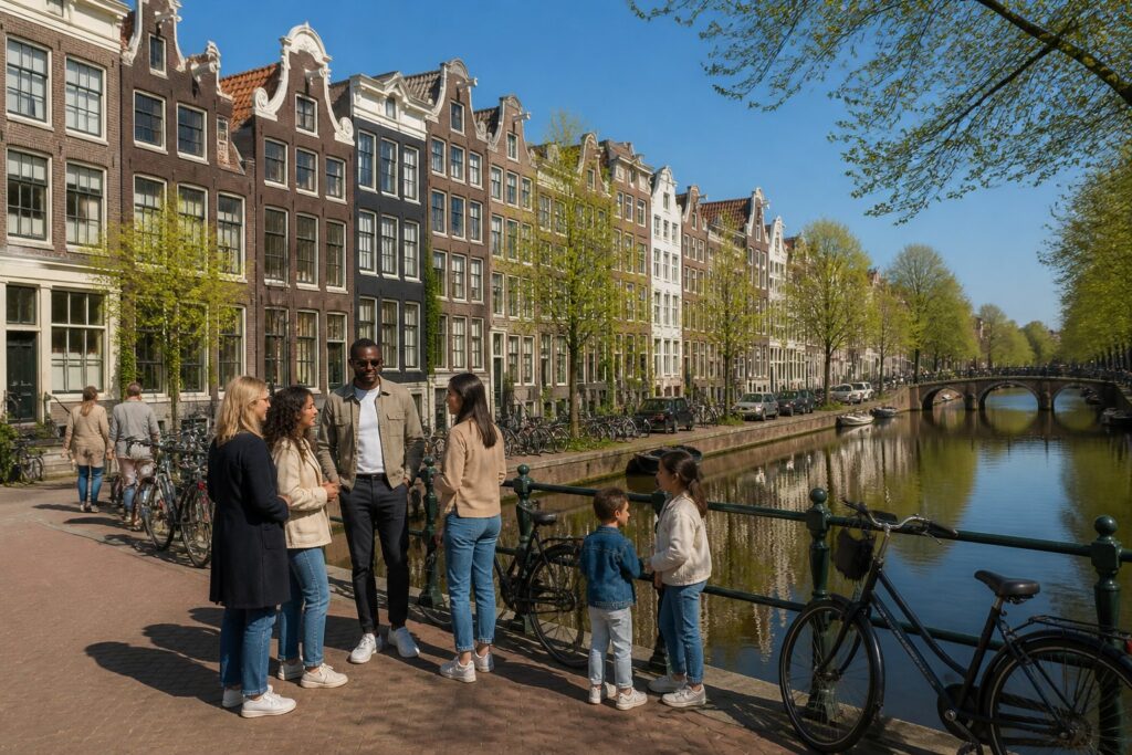 A sunny Amsterdam street with canal houses, bicycles, and people talking near a canal.