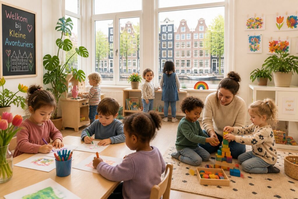 A group of young children playing and drawing in a bright childcare room with a caregiver, with windows showing Amsterdam canal houses outside.