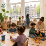 A group of young children playing and drawing in a bright childcare room with a caregiver, with windows showing Amsterdam canal houses outside.