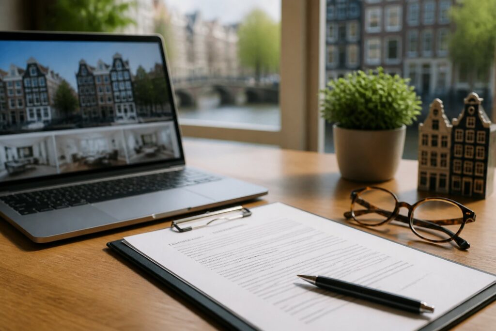 A desk with a clipboard holding a rental contract, a pen, reading glasses, and a laptop, illuminated by natural light with a small plant in the background.