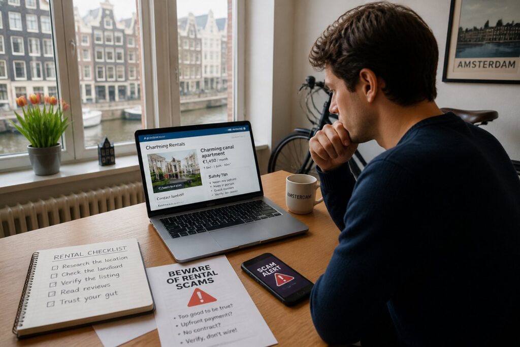A young adult sitting at a desk in an apartment, looking at a laptop with papers and a smartphone nearby, with Amsterdam-style windows and a bicycle in the background.