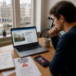 A young adult sitting at a desk in an apartment, looking at a laptop with papers and a smartphone nearby, with Amsterdam-style windows and a bicycle in the background.