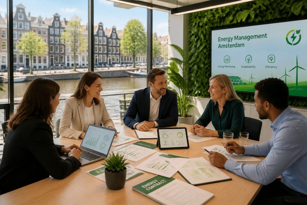 Business professionals discussing energy contracts around a table with laptops and charts, with a view of Amsterdam canals and buildings through a large window.