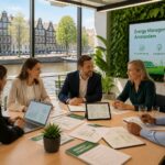 Business professionals discussing energy contracts around a table with laptops and charts, with a view of Amsterdam canals and buildings through a large window.