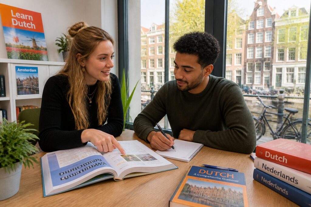 A tutor and student studying Dutch language together at a table with Amsterdam canal houses visible through the window.