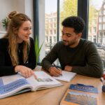 A tutor and student studying Dutch language together at a table with Amsterdam canal houses visible through the window.