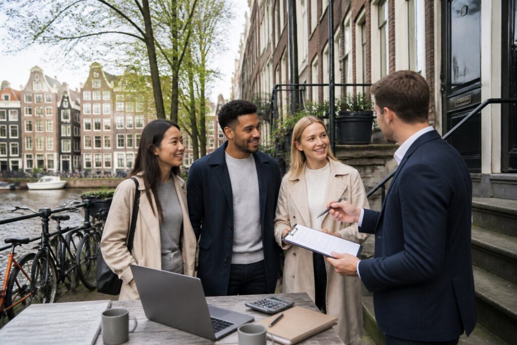 People discussing rental agreements outside residential buildings along an Amsterdam canal with bicycles and traditional houses in the background.