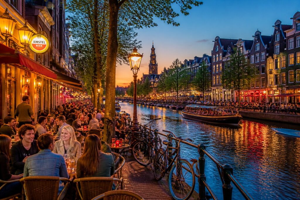 People socializing outdoors at canal-side cafes in Amsterdam with bicycles, boats, and traditional buildings in the background during early evening.
