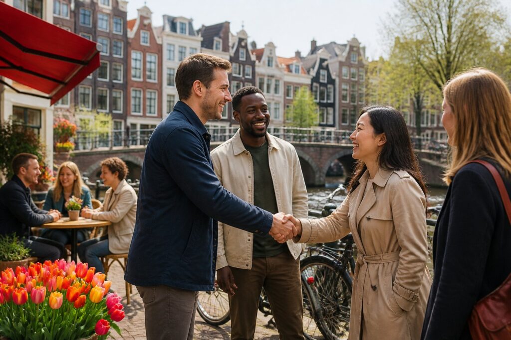 People greeting each other politely near a canal with Amsterdam houses and bicycles in the background.