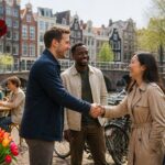 People greeting each other politely near a canal with Amsterdam houses and bicycles in the background.