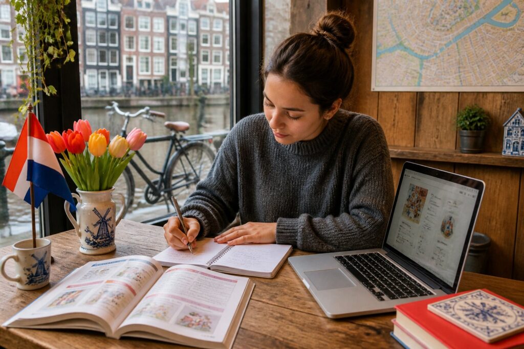 A young adult studying Dutch language materials at a table in a cozy Amsterdam café with bicycles and canal houses visible outside.
