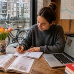 A young adult studying Dutch language materials at a table in a cozy Amsterdam café with bicycles and canal houses visible outside.