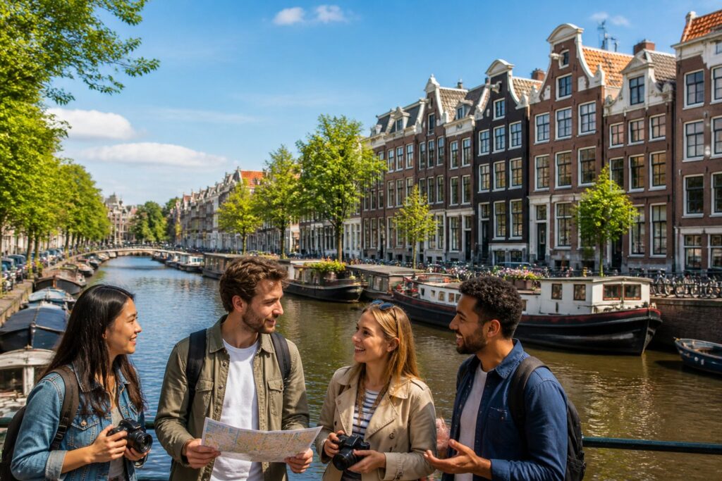 Canal in Amsterdam with traditional narrow buildings, boats on the water, and a group of people exploring the area.