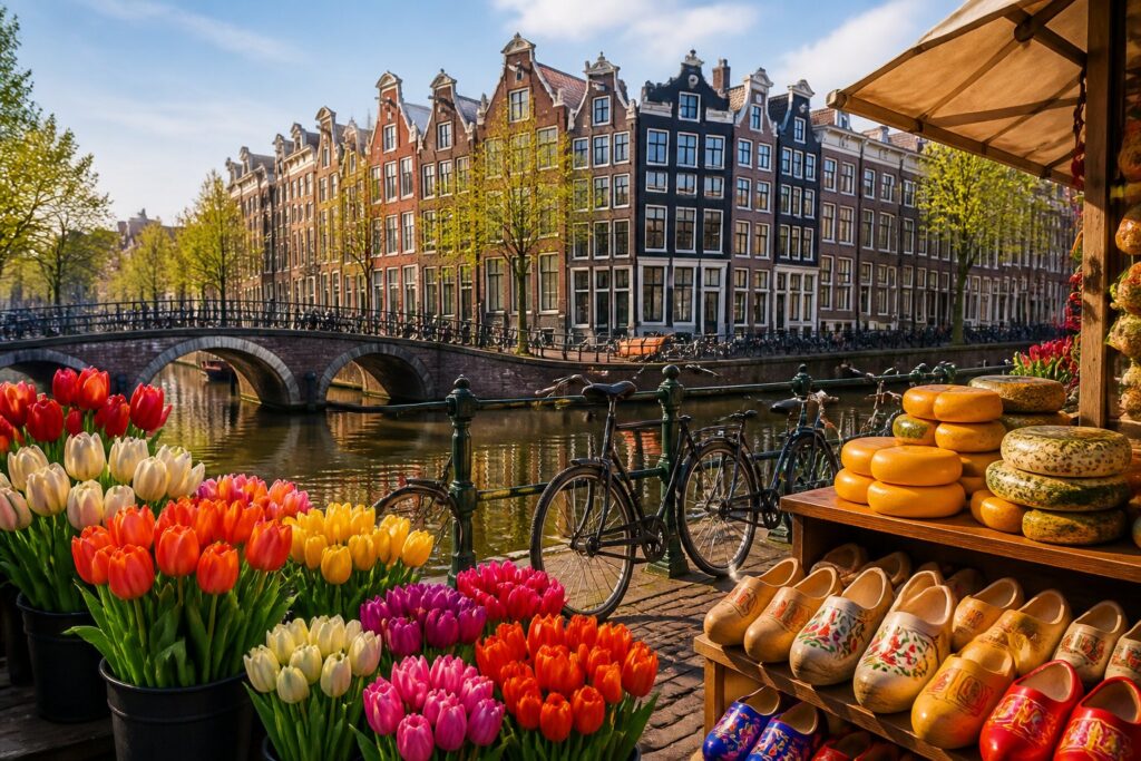 Canal in Amsterdam with traditional narrow houses, a stone bridge, bicycles, and a market stall with tulips, cheese, and wooden clogs.