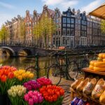 Canal in Amsterdam with traditional narrow houses, a stone bridge, bicycles, and a market stall with tulips, cheese, and wooden clogs.