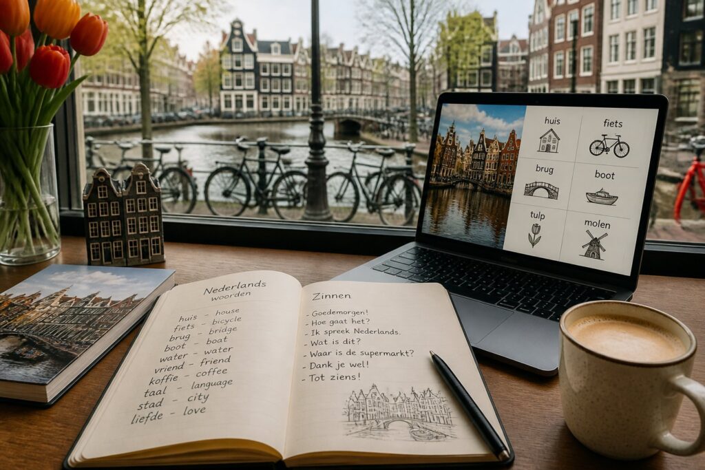 A study desk with Dutch language learning materials and a window showing Amsterdam canals and traditional houses.