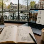 A study desk with Dutch language learning materials and a window showing Amsterdam canals and traditional houses.