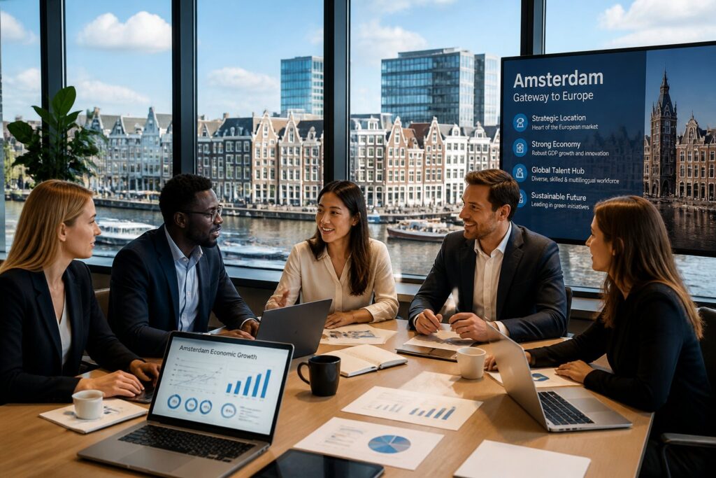 A group of diverse professionals having a meeting in an office with a view of Amsterdam's canals and buildings outside the window.