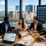 A group of diverse professionals having a meeting in an office with a view of Amsterdam's canals and buildings outside the window.