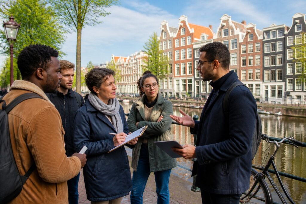 A group of people discussing near Amsterdam canal houses with bicycles and water in the background.