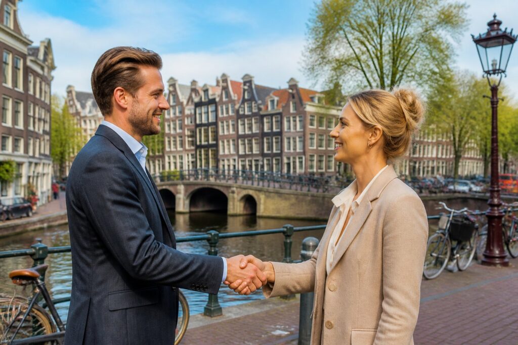 Two people shaking hands politely on a cobblestone street in Amsterdam with canal houses and bicycles in the background.