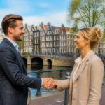 Two people shaking hands politely on a cobblestone street in Amsterdam with canal houses and bicycles in the background.