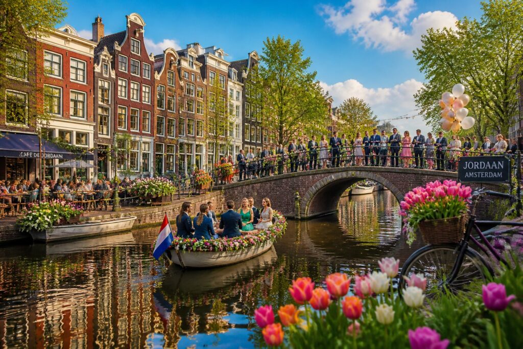 People celebrating on a cobblestone bridge and outdoor café terraces by a canal lined with colorful Amsterdam houses and blooming tulips.