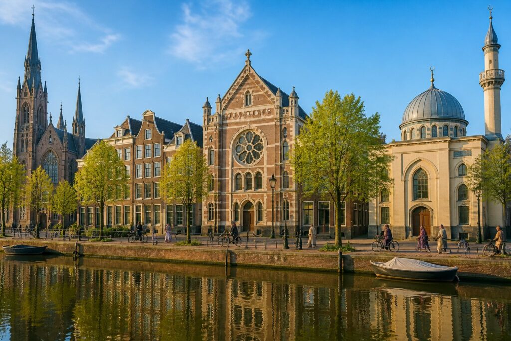 A canal in Amsterdam lined with historic buildings and diverse places of worship including a church, synagogue, and mosque under a clear sky.