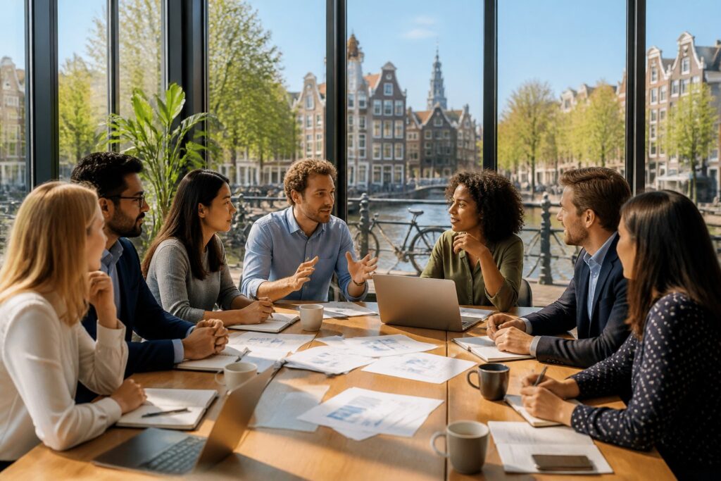 A diverse group of professionals having a meeting around a table with laptops and documents, with a view of Amsterdam canals and traditional buildings through large windows.