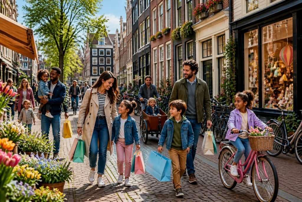 Children and parents shopping together on a lively street in Amsterdam with colorful buildings and bicycles.