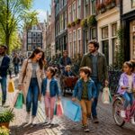 Children and parents shopping together on a lively street in Amsterdam with colorful buildings and bicycles.