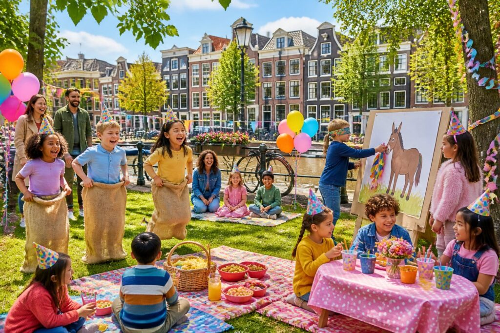 Children playing and celebrating at an outdoor party near a canal with Amsterdam buildings in the background.